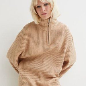 H & M Divided High Neck Half Zip Ribbed Long Sweater Size Medium Camel Acrylic